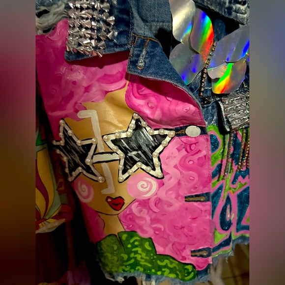 Vibrant Women's Jean Jacket by PR Designer Jazz with Artistic Flair. Fits 2x- 3x - Picture 3 of 15